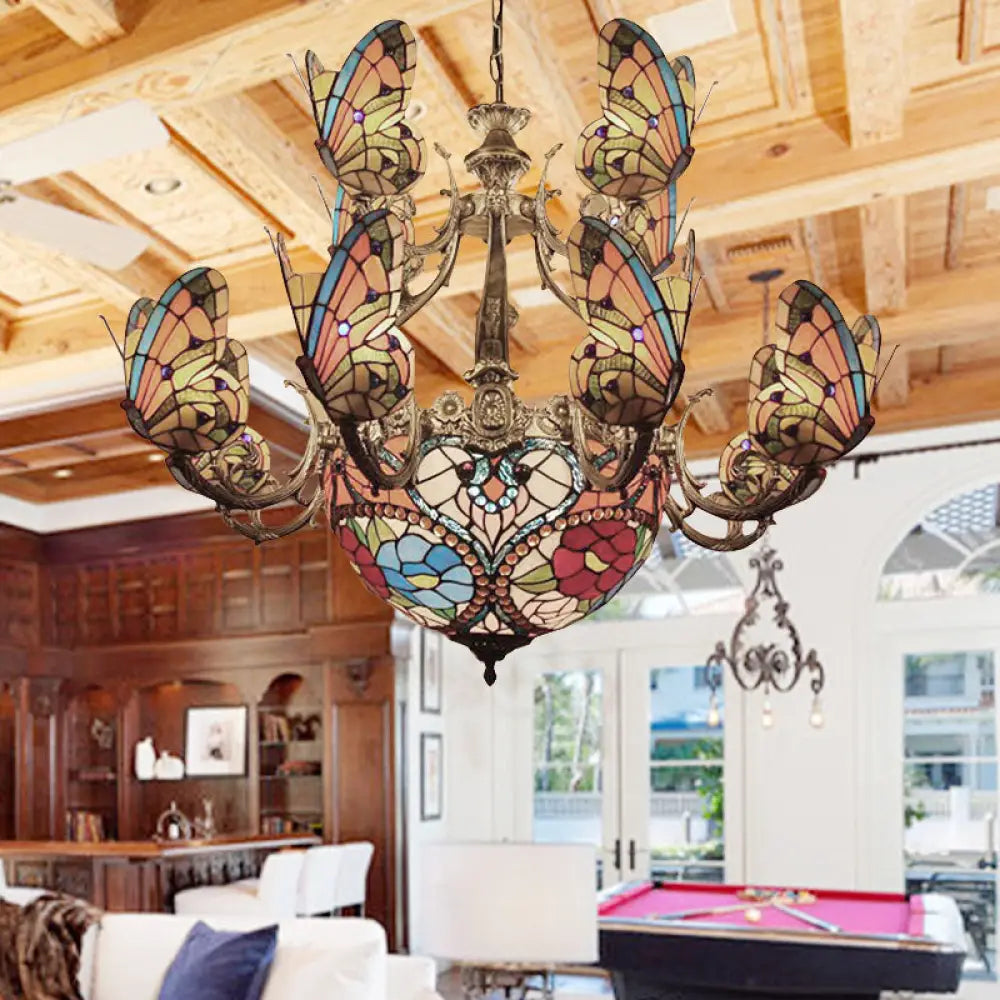 Multi-Colored Tiffany Butterfly Chandelier For Living Room Orange