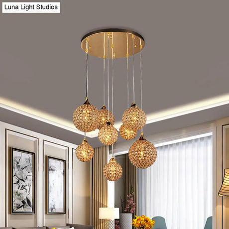 Multi-Headed Pendant Dining Room Lamp Kit With Crystal-Encrusted Shade In Gold