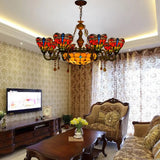 Multicolor Stained Glass Bowl-Shaped Hanging Light: Rustic 9-Light Chandelier With Crystal - Ideal