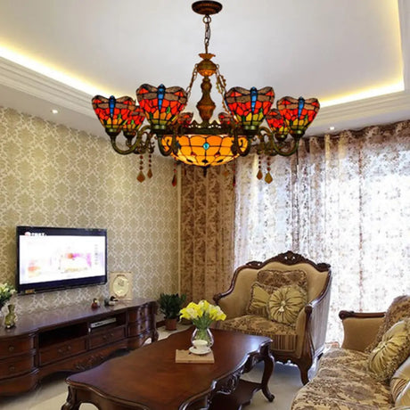 Multicolor Stained Glass Bowl-Shaped Hanging Light: Rustic 9-Light Chandelier With Crystal - Ideal