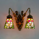 Multicolor Stained Glass Tiffany Wall Sconce Light Fixture With 2 Flared Heads Peacock Tail/Flower
