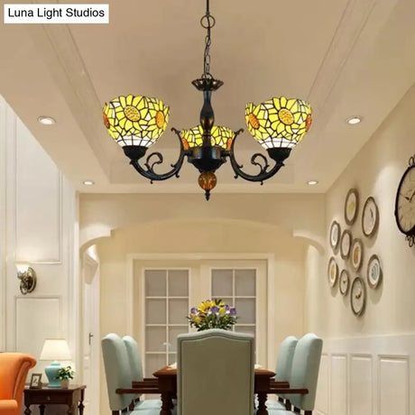 Multicolor Tiffany Style Chandelier For Dining Room: 6-Light Art Glass Pendant Ceiling Lamp With