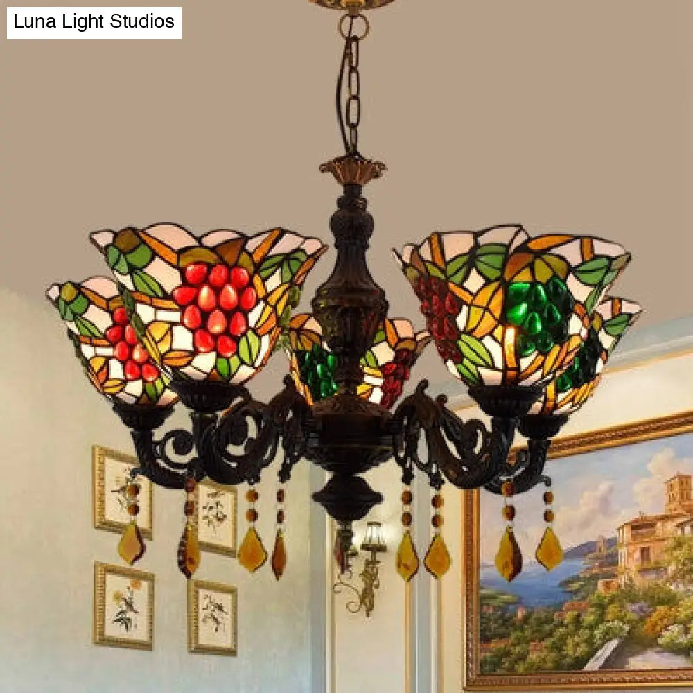 Tiffany Stained Glass Inverted Chandelier With Multicolored Bell Shades And 5 Grape Lights