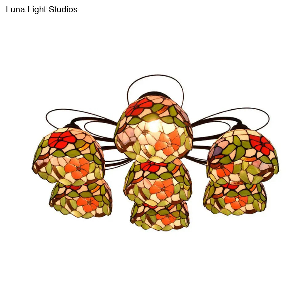 Multicolored Stained Glass Ceiling Light With Orange Peony Tiffany Design - Semi Flush Mount 3/7/9