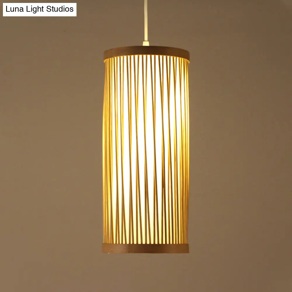 Natural Bamboo Asian Pendant Ceiling Light With Cylinder Wood Shade