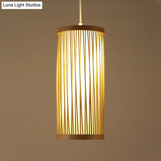 Natural Bamboo Asian Pendant Ceiling Light With Cylinder Wood Shade