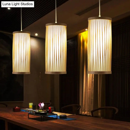 Natural Bamboo Asian Pendant Ceiling Light With Cylinder Wood Shade