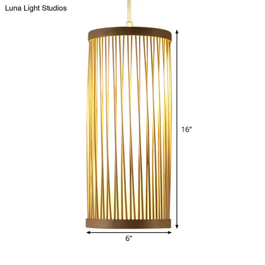 Natural Bamboo Asian Pendant Ceiling Light With Cylinder Wood Shade