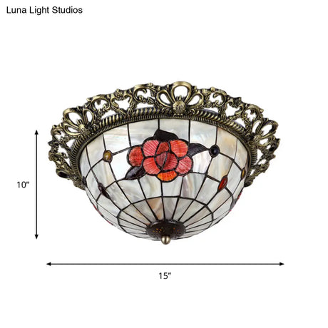 Natural Shell Baroque Flush Mount Ceiling Light With Gridded Hemispherical Design And Brass Finish
