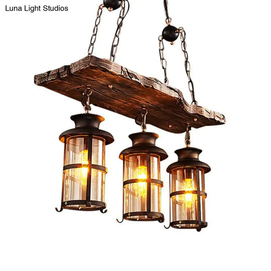 Nautical Clear Glass Cylinder Chandelier With Wooden Plank Décor And 3 Hanging Lights In Brown