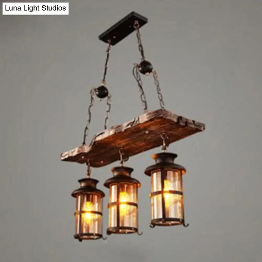 Nautical Clear Glass Cylinder Chandelier With Wooden Plank Décor And 3 Hanging Lights In Brown