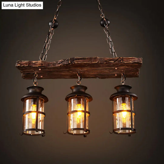 Nautical 3-Light Glass Chandelier With Wood Plank Brown Deco