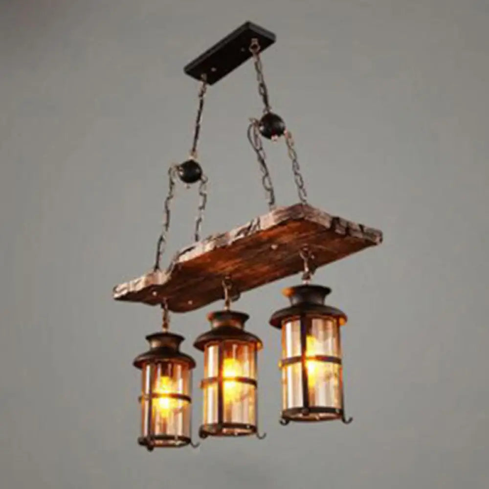 Nautical 3-Light Glass Chandelier With Wood Plank Brown Deco