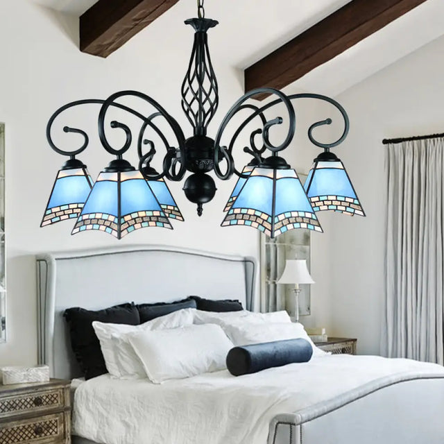 Nautical 6-Light Blue Glass Pyramid Ceiling Hanging Fixture For Living Room