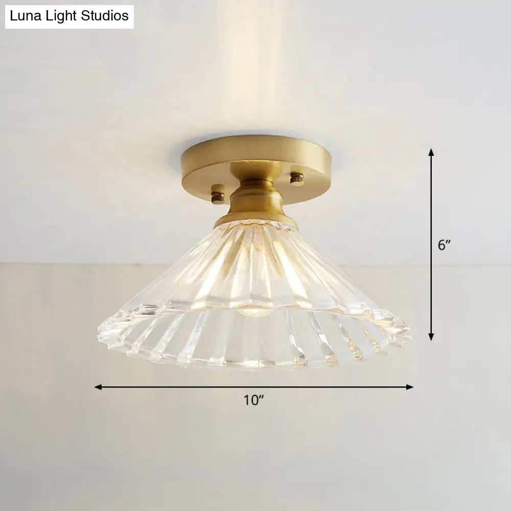 Nautical Brass Glass Flush Ceiling Light With 1 Bulb - Small Size For Corridors