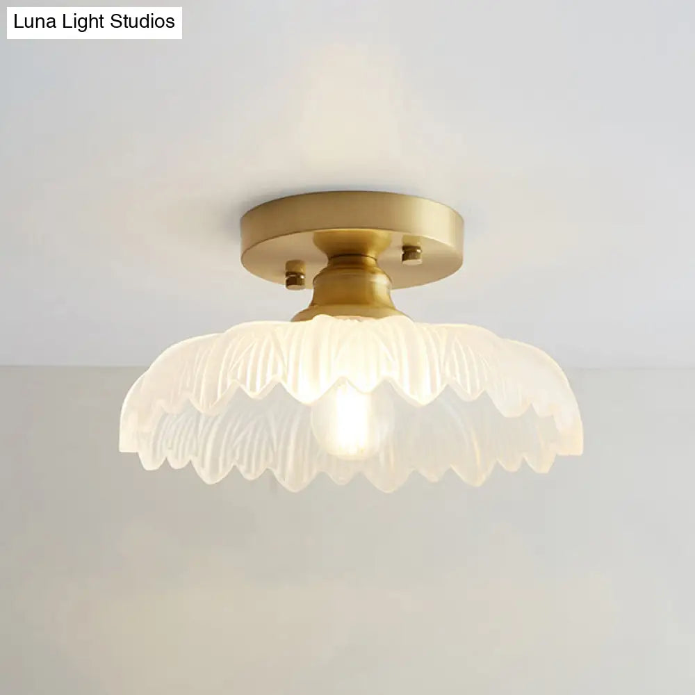 Nautical Brass Glass Flush Ceiling Light With 1 Bulb - Small Size For Corridors
