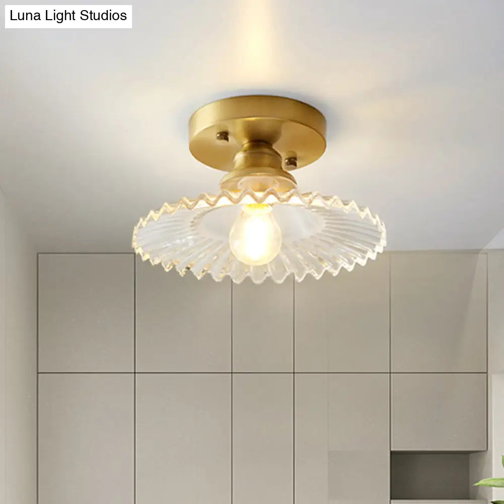 Nautical Brass Glass Flush Ceiling Light With 1 Bulb - Small Size For Corridors