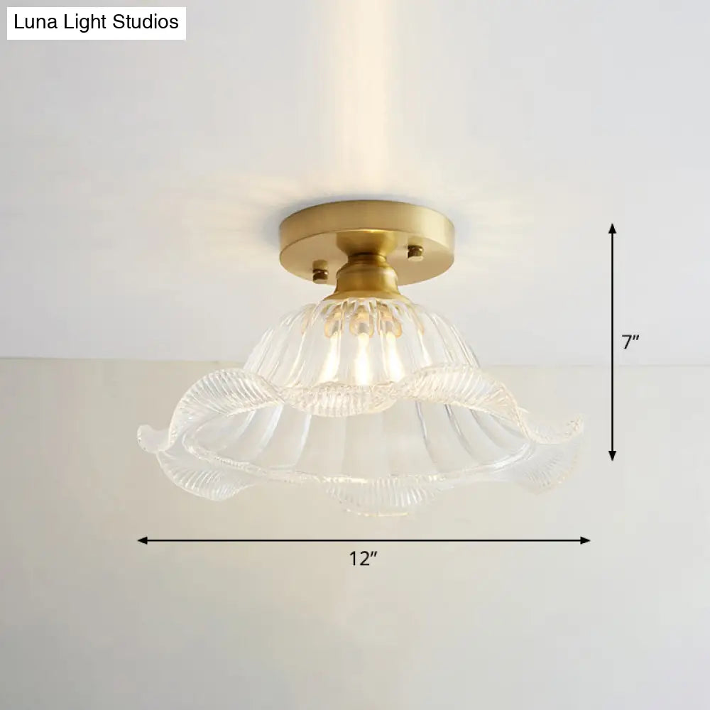 Nautical Brass Glass Flush Ceiling Light With 1 Bulb - Small Size For Corridors
