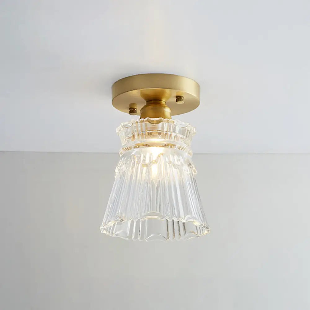 Nautical Brass Glass Flush Ceiling Light With 1 Bulb - Small Size For Corridors / Flared