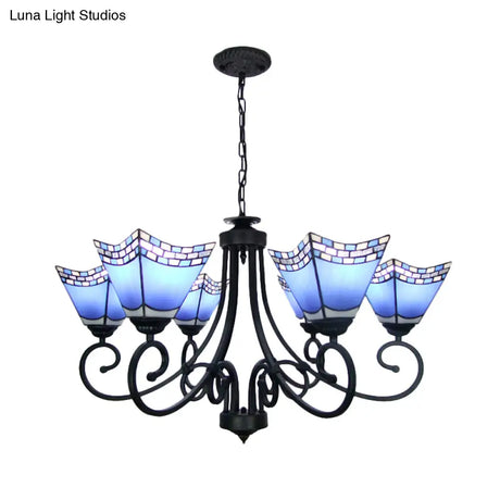 Nautical Cone Chandelier Lamp: Stained Glass Pendant Lighting In Sky Blue/Blue - 6 Lights