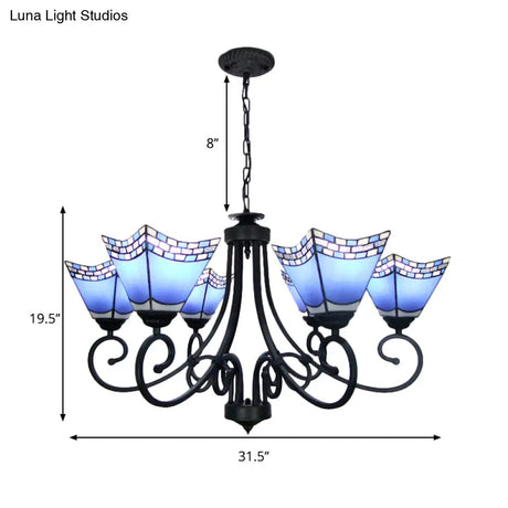 Nautical Cone Chandelier Lamp: Stained Glass Pendant Lighting In Sky Blue/Blue - 6 Lights