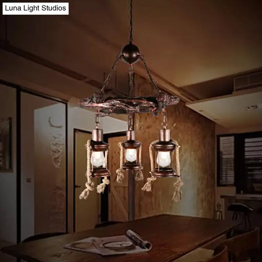 Copper Nautical Circle/Wheel Hanging Light Kit With Lantern And Rope Cord - 3/7 Head Metallic