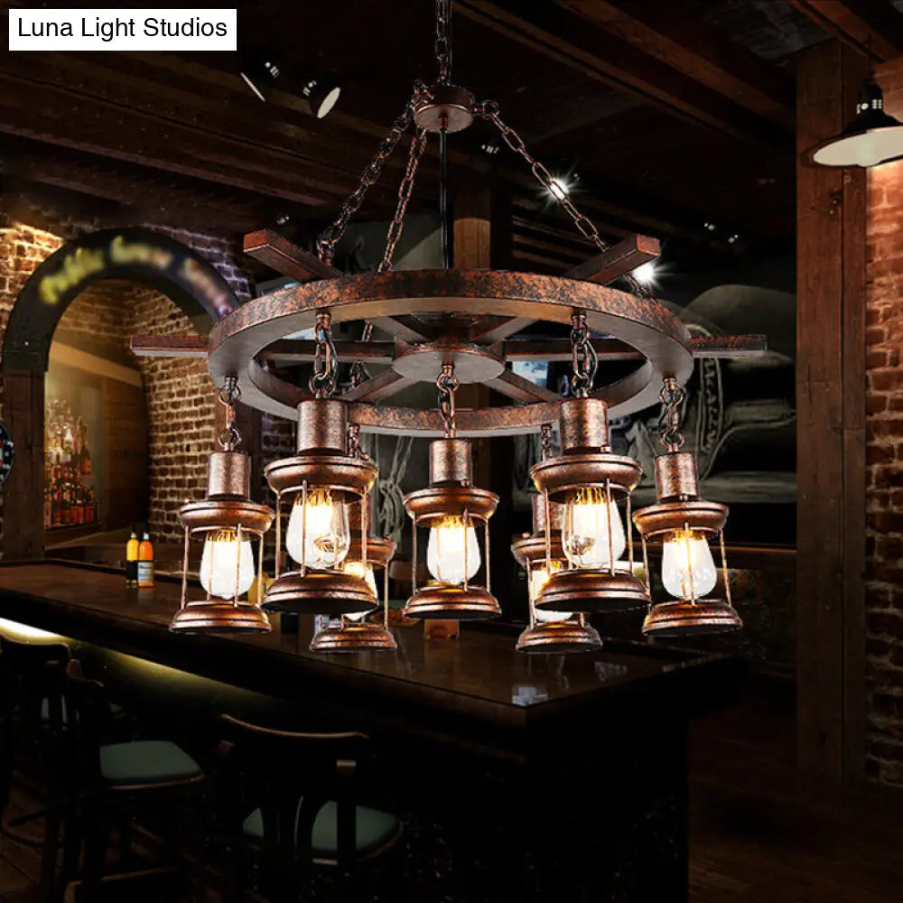 Copper Nautical Circle/Wheel Hanging Light Kit With Lantern And Rope Cord - 3/7 Head Metallic