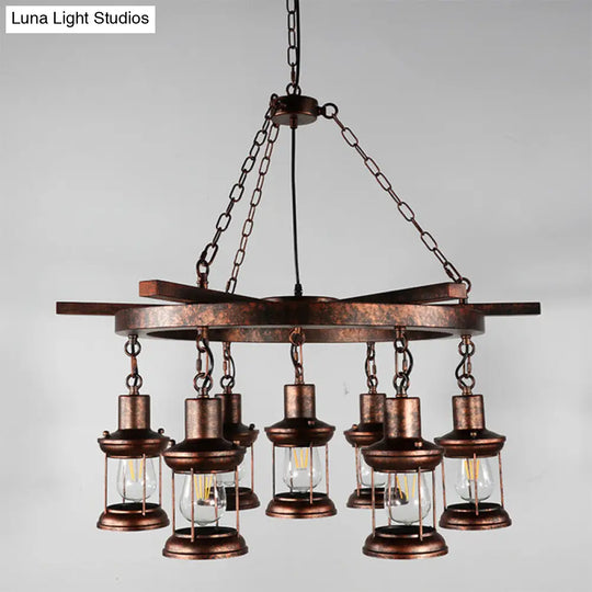 Copper Nautical Circle/Wheel Hanging Light Kit With Lantern And Rope Cord - 3/7 Head Metallic