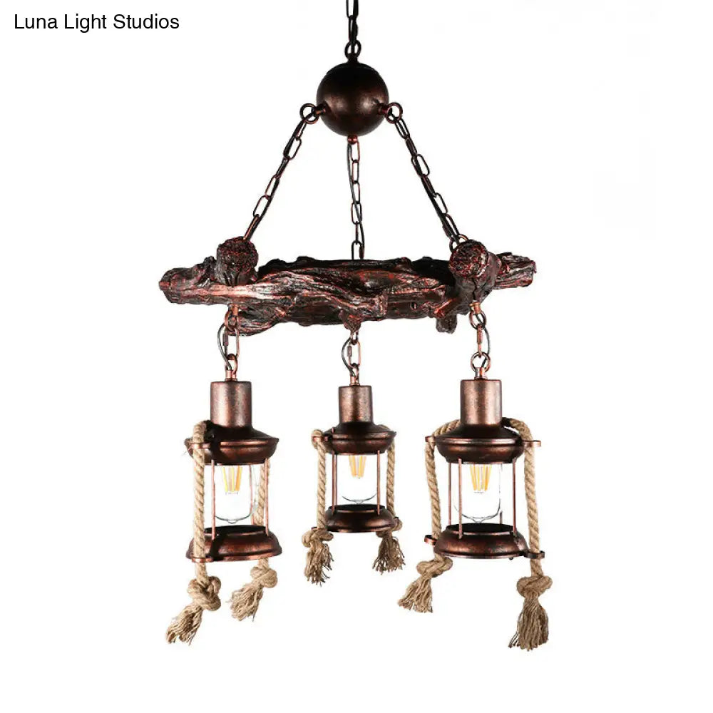 Copper Nautical Circle/Wheel Hanging Light Kit With Lantern And Rope Cord - 3/7 Head Metallic
