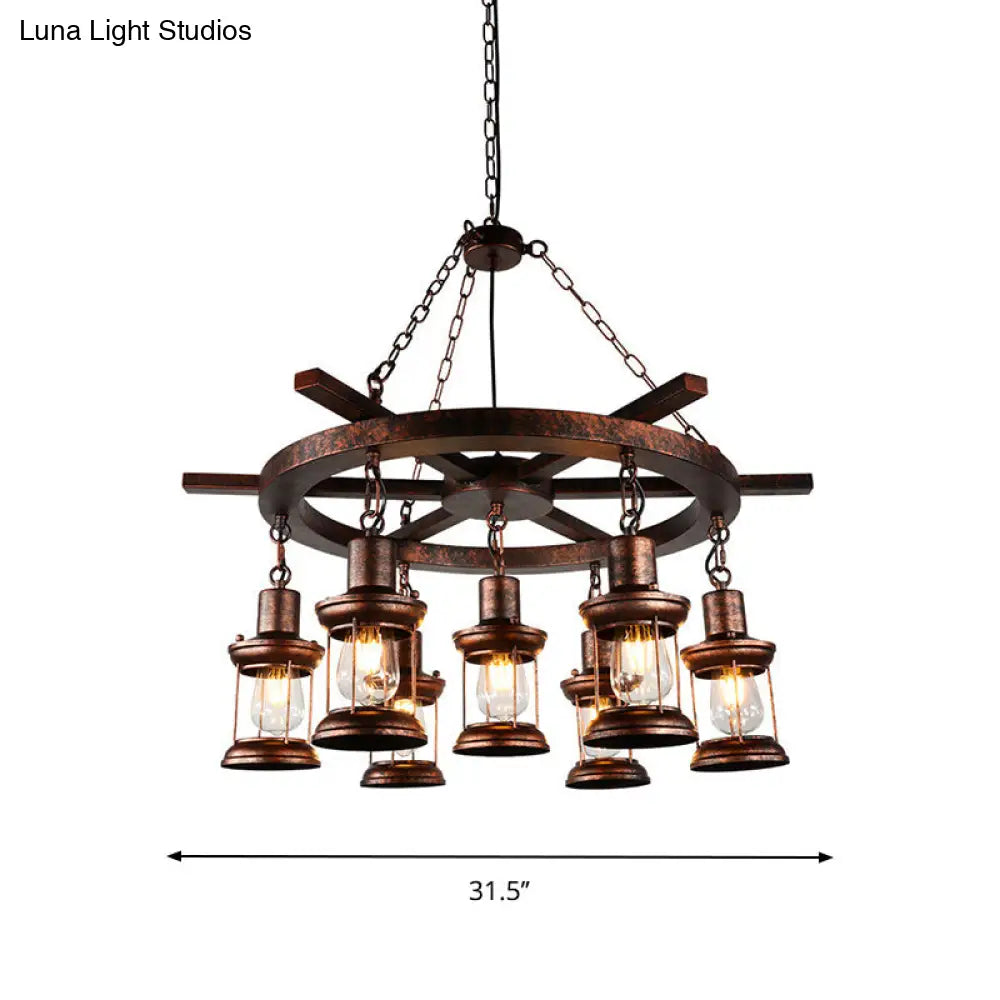 Copper Nautical Circle/Wheel Hanging Light Kit With Lantern And Rope Cord - 3/7 Head Metallic