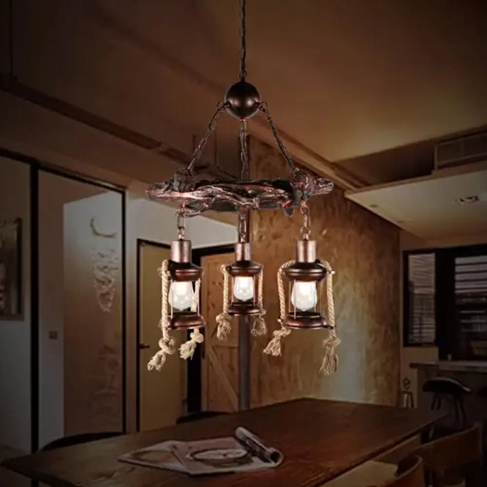 Nautical Hanging Light Kit With Rope Cord - 3/7 Head Metallic Chandelier Pendant In Copper 3 /