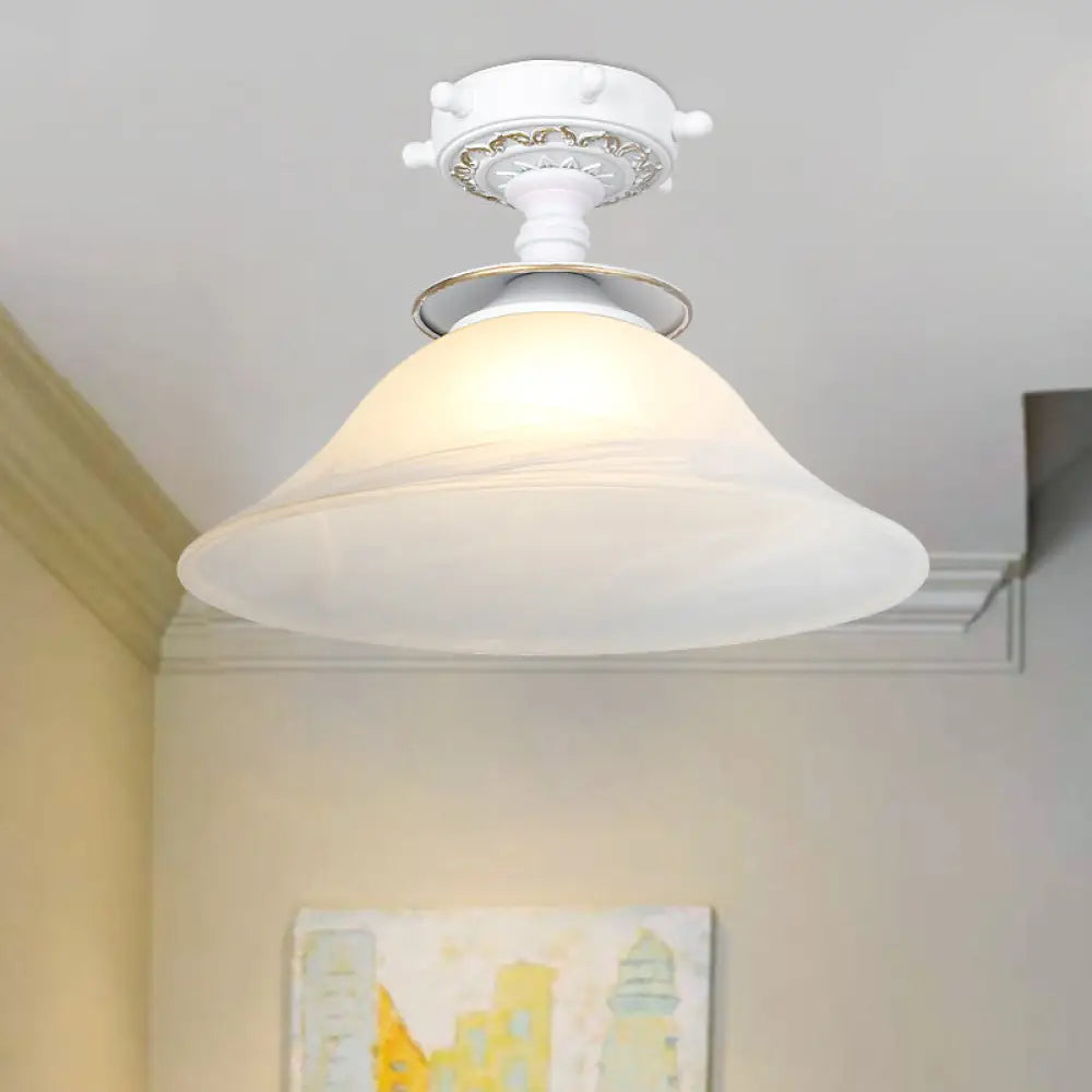 Nautical Opaline Glass Bell Ceiling Light In Black/White/Blue - 1 Bulb Semi Flush Mount Fixture For