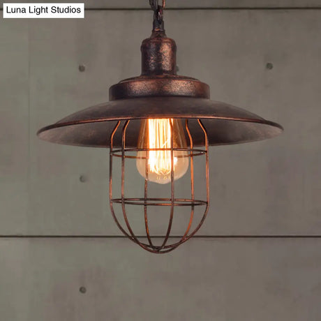 Nautical Rustic Saucer Pendant Light With Cage Shade - Wrought Iron Ceiling Fixture