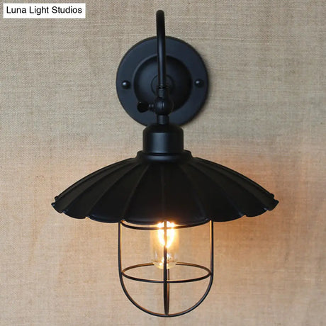 Nautical Scalloped Metal Sconce Light With Cage Shade - Wall Mounted Bedroom Lighting In Black