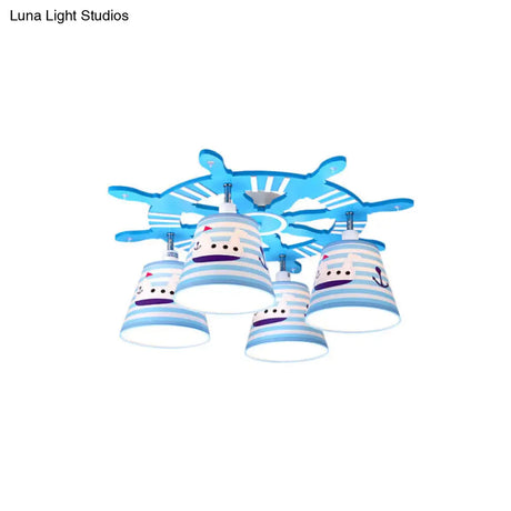 Nautical Semi - Flush Ceiling Light With 4 Wood Lights In Blue For Foyer