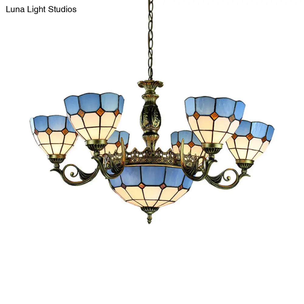 Nautical Stained Glass Dome Pendant Chandelier - Blue 9 Lights Ceiling Light For Living Room