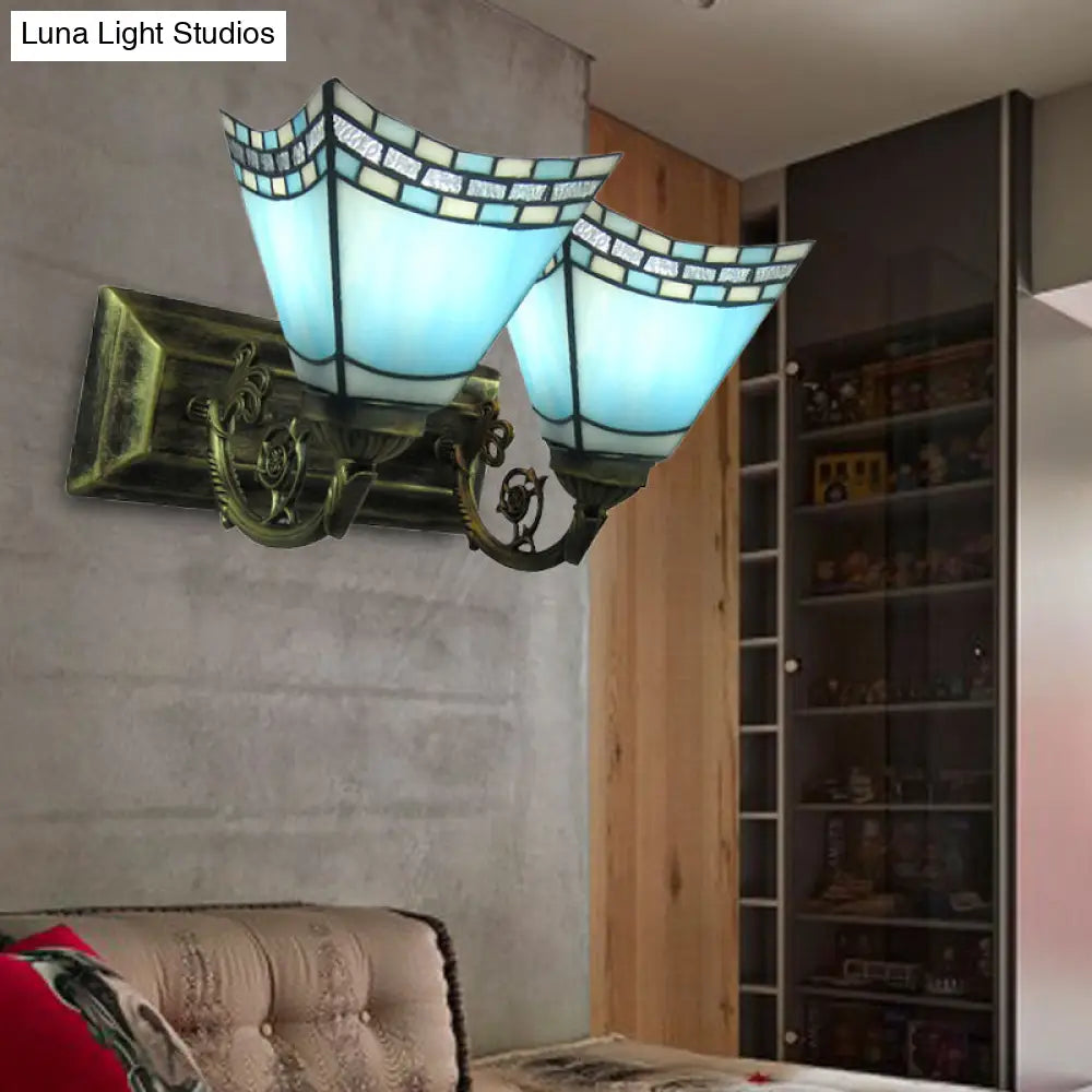 Nautical Stained Glass Vanity Light - 2 Lights Light/Dark Blue Bathroom Wall Lighting