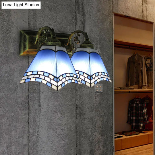 Nautical Stained Glass Vanity Light - 2 Lights Light/Dark Blue Bathroom Wall Lighting Dark