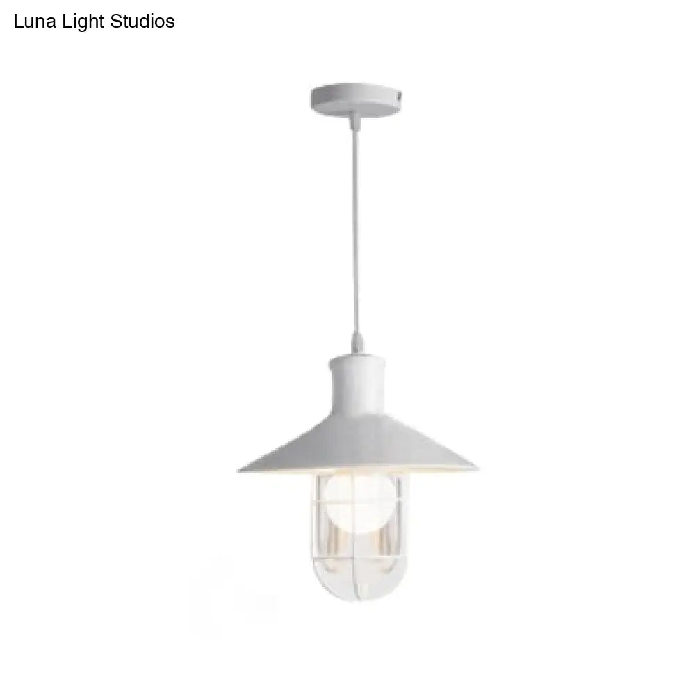 Nautical Style Cone Ceiling Light With Wire Guard - Rust/White Hanging Pendant