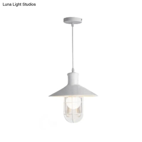 Nautical Style Cone Ceiling Light With Wire Guard - Rust/White Hanging Pendant