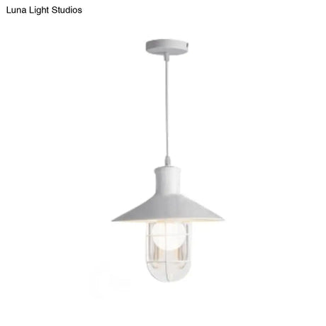 Nautical Style Cone Ceiling Light With Wire Guard - Rust/White Hanging Pendant