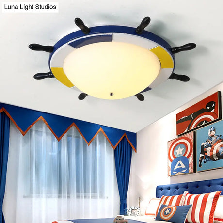 Nautical Style Led Wood Shade Flush Mount Ceiling Light - Blue Finish Dome/Rudder Design