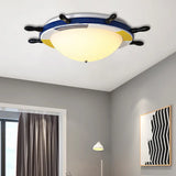 Nautical Style Led Wood Shade Flush Mount Ceiling Light - Blue Finish Dome/Rudder Design / Dome