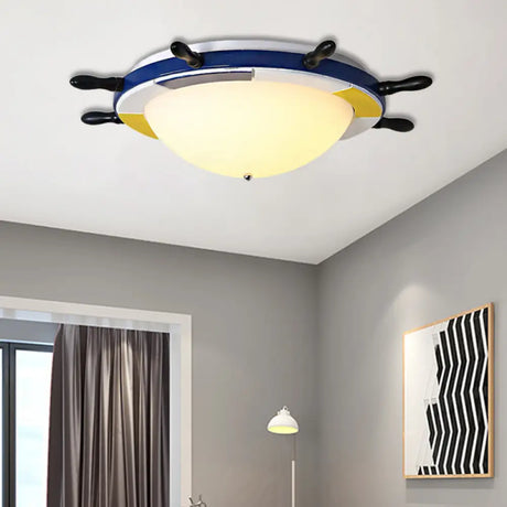 Nautical Style Led Wood Shade Flush Mount Ceiling Light - Blue Finish Dome/Rudder Design / Dome