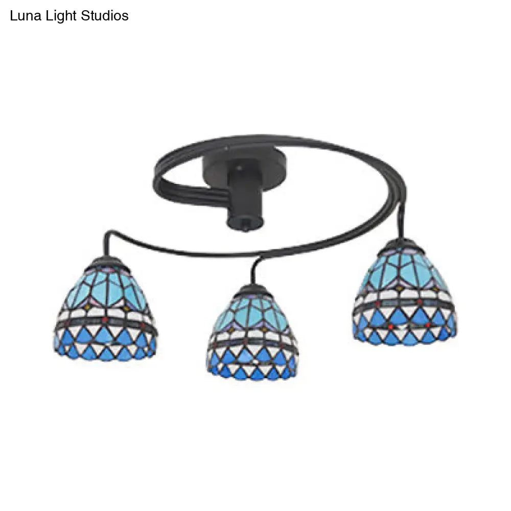 Nautical Style Semi Flush Light With Stained Glass Shade - Boat Mediterranean Baroque Design 3/5