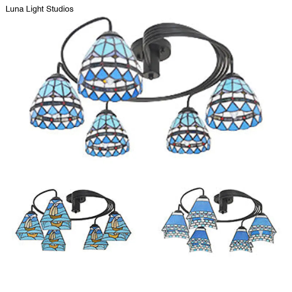 Nautical Style Semi Flush Light With Stained Glass Shade - Boat Mediterranean Baroque Design 3/5