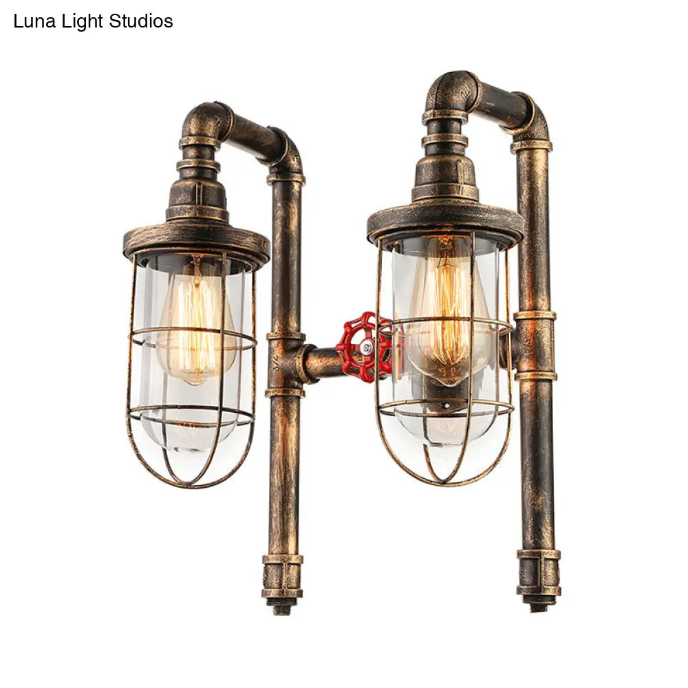 Nautical Wire Frame Sconce Light With Clear Glass Shade And Valve - 2 Bulb Iron Wall Lighting In