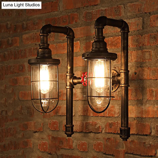 Nautical Wire Frame Sconce Light With Clear Glass Shade And Valve - 2 Bulb Iron Wall Lighting In