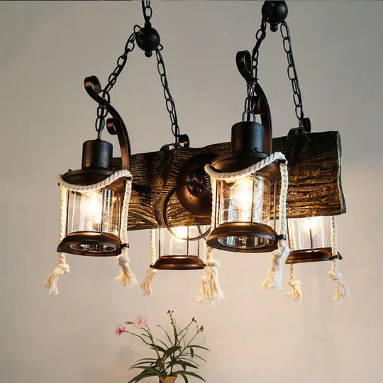 Nautical Wood Board Black Island Lamp - 4-Light Linear Suspension Lighting With Lantern And Hemp