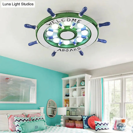 Nautical Wood Rudder Flushmount Ceiling Lamp - 8-Light Children’s Room Lighting In Green/Red With